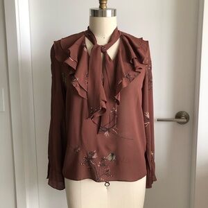 Little Moon Aritzia Gazania Floral Brown Flounce Blouse